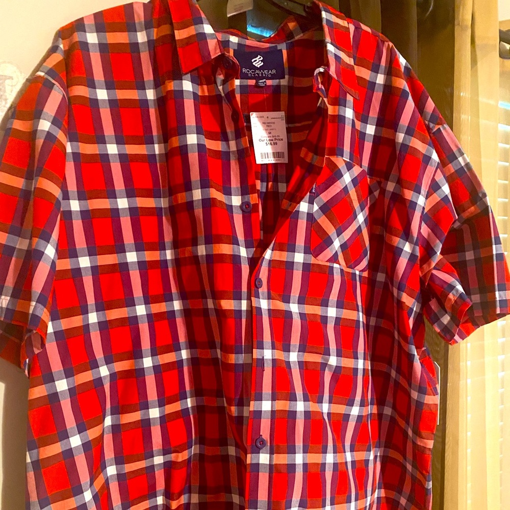 Rocawear Mens Plaid Short Sleeve Button-Down Shirt Red Blue & White